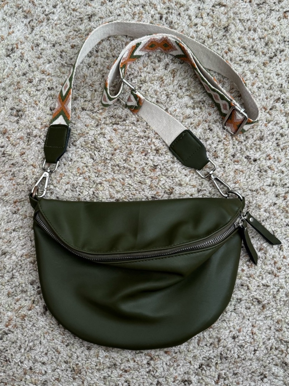 Olive Green Crossbody Bum Bag with Removable Patterned Guitar Strap